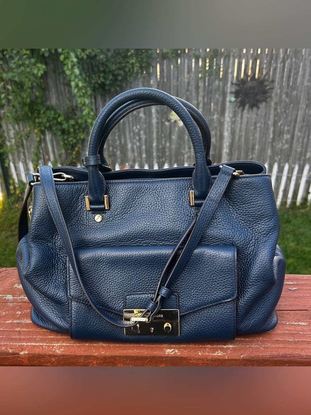 Michael Kors Haley Large Navy Pebbled Leather Satchel
